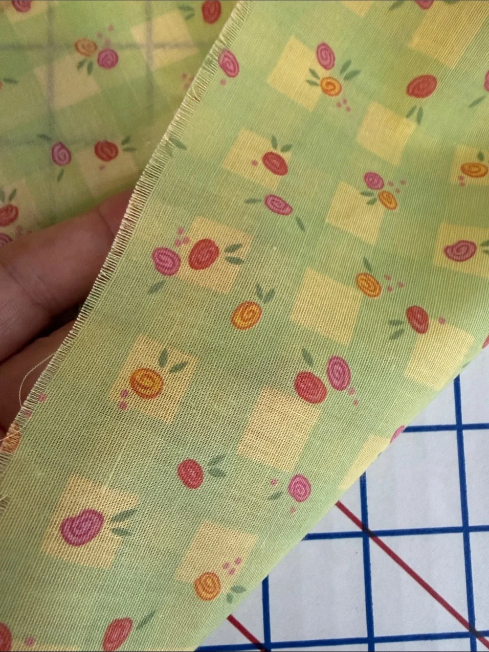 Vintage Green Floral Check Polyester Blend Fabric 1.5 Yards x 44 Retro Spring
